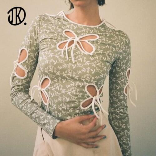 Fashion Round Neck Floral Bow Hollow T-shirt Sexy Lace-up Slim Long-sleeved Bottoming Tees T Shirt For Ladies Printed Party Tops