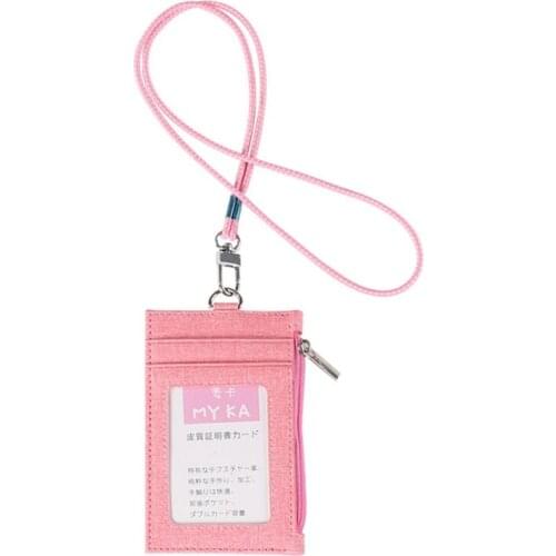 Men Women Business Card Holder Wallet with Cotton Linen Lanyard Neck Strap Faux Leather ID Badge Case Zipper Wallet Pocket