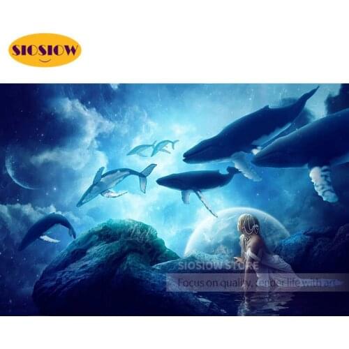 SIOSIOW 5D Diy Diamond Painting Fantasy Whale Girl Full Drill Square 3d Daimond Mosaic Cross-stitch Embroidery Decor Living Room
