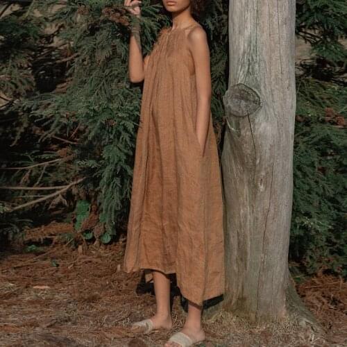 Halter Solid Loose Midi Dress Linen Sexy Vintage Sleeveless Dresses Summer 2021 A Line Elegant Off Shoulder Casual Women Dress