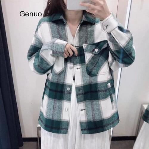 Autumn Winter Green Plaid Jacket And Coat Fashion Button Long Sleeve Coat Casual Office Warm Outwear Oversized Ladies Jackets