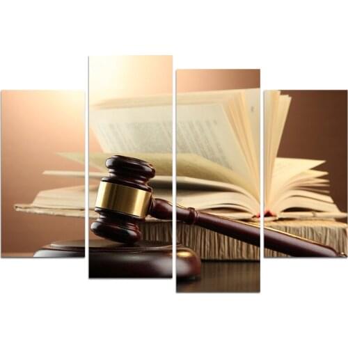 4 Piece Canvas Poster Painting Wooden Gavel and Books on Brown Background Justice Concept Modern Prints for Room Decoration