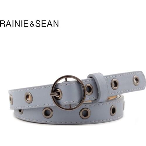 RAINIE SEAN Vintage Belts for Women Round Buckle Thin Leather Belt Female Hollow Out Blue White Holes Ladies Belts for Jeans