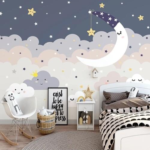Custom Mural 3D Hand Painted Starry Sky Clouds Moon Stars Cartoon Children Room Princess Room Bedroom Photo Wallpaper Kids Room