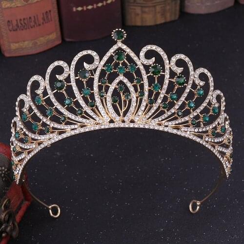 Baroque Vintage Crystal Bridal Tiaras Big Crowns Women Green Rhinestone Pageant Diadem Wedding Hair Accessories African Jewelry