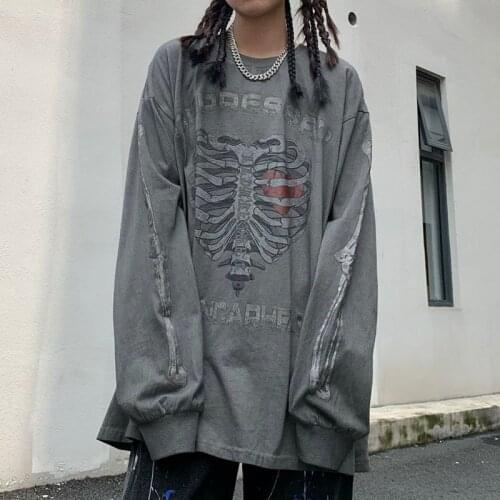 Top 2021 Streetwear Y2K Loose Skull Print Retro Print Sweatshirt Women Oversized Hip Hop Hoodie Clothes Women Fashion E-girl