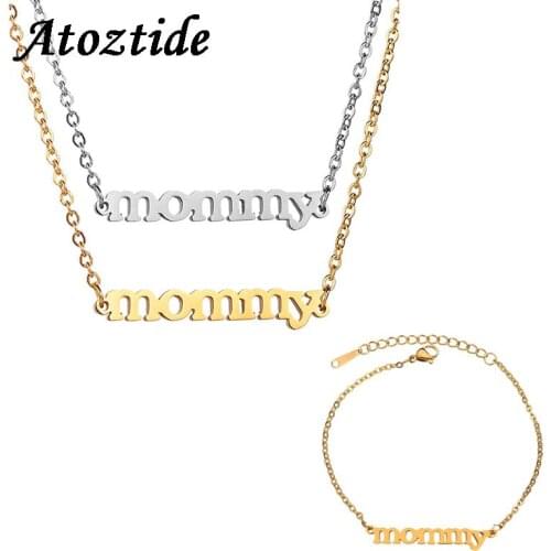 Atoztide Simple Stainless Steel Letter Mommy Jewelry Sets Gold color Adjustable Pendant Necklace + Chain Bracelets Love Jewelry