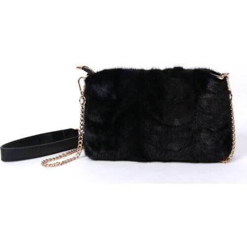 Women Real Mink Fur Black Messenger Bag Elegant Ladies Shoulder Bag