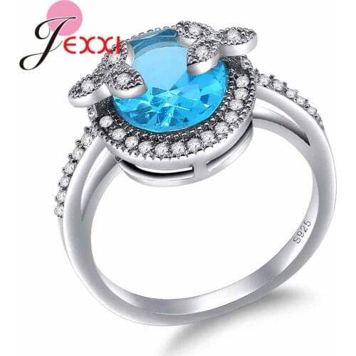 Romantic Sky Blue Round Wedding Ring Women Special Jewelry Gift High-End 925 Sterling Silver Crystal Rings Female Anel