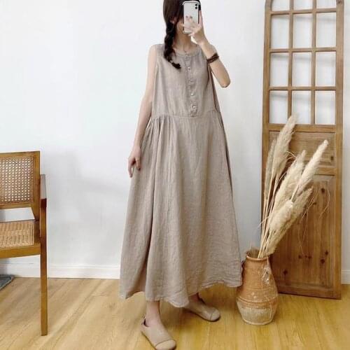 Johnature Vintage Linen Sleeveless Women Dress 2021 Summer O-neck Mori O-neck Loose Solid Color Button Female Dresses