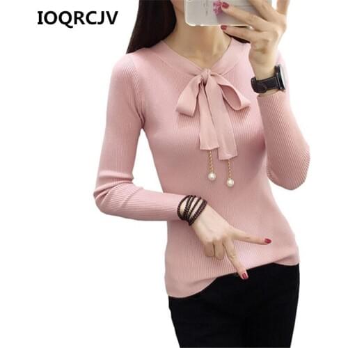 2019 Autumn Spring Long Sleeved Sweater Pullover Women Female Knitted Sweater Lace up Beading Butterfly Collar Basic Jumper 308