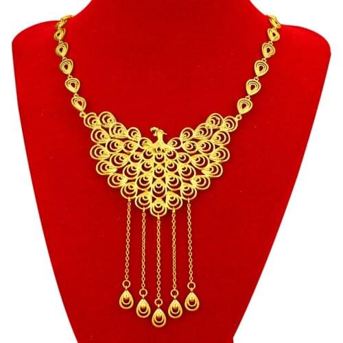 24k Yellow Gold Pendant Necklaces for Women Bride Phoenix Flower Set Chain Gold Necklace Engagement Wedding Party Jewelry Gifts