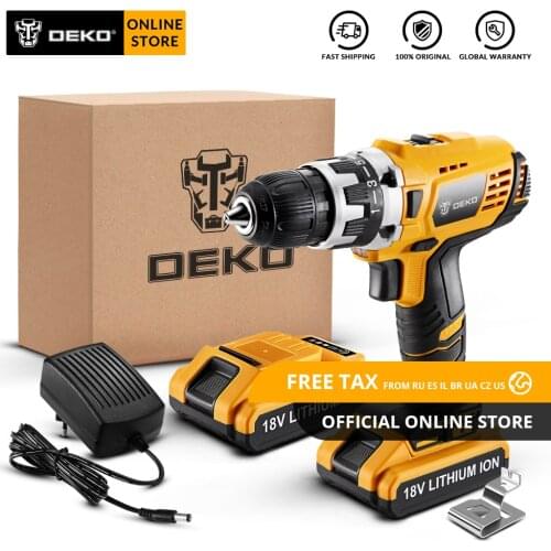 Original DEKO GCD18DU2 18V Cordless Drill Electric Screwdriver Lithium-Ion Mini Power Driver Variable Speed LED 2 Battery