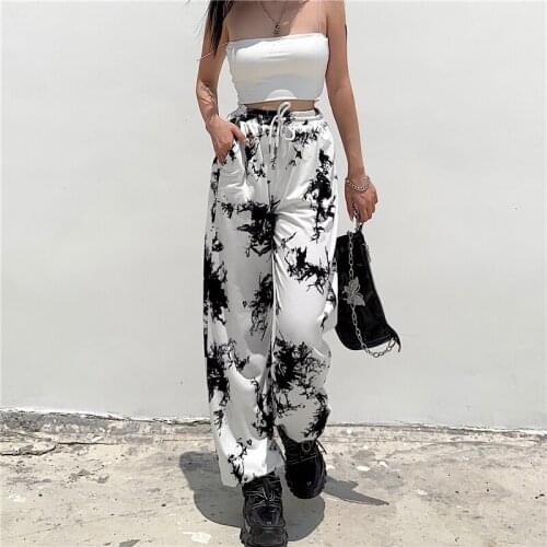 2021 Harajuku Long Trousers Tie Dye Drawstring Wide Sweatpants Joggers Women y2k High Waist Pants Capris Streetwear