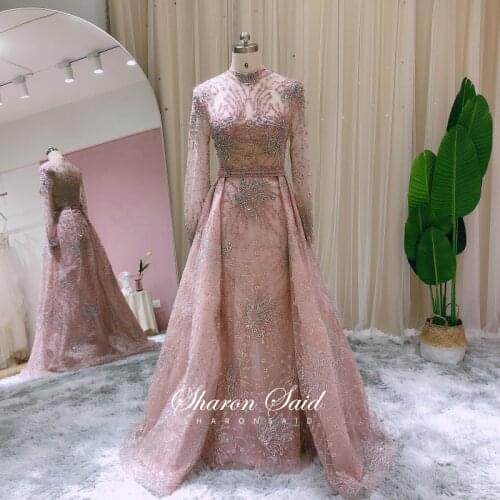 Elegant Pink Long Sleeve Dubai Evening Dress for Women Wedding Party Arabic Gowns Overskirt Muslim Formal Prom Dresses In Stock