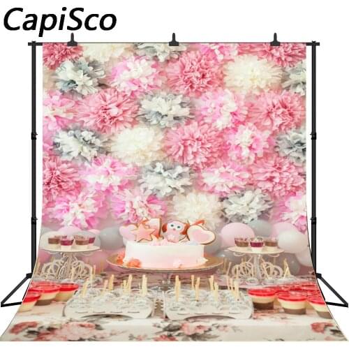 Capisco Flowers Wall Balloons Birthday Cake Baby Photography Backgrounds Customized Photographic Backdrops For Photo Studio