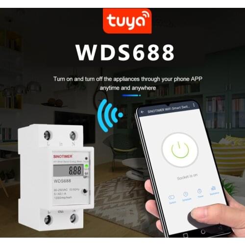 60A tuya WDS688 Din Rail Single-phase energy meter wifi smart switch metering Voltage Current Power KWH app remote control
