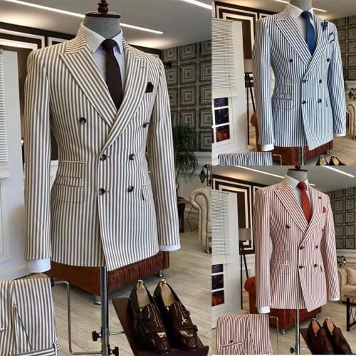 Handsome Stripe Mens Tuxedos Peaked Lapel Double Breasted Blazer Business Smart Casual Daily 2 Piece Pants Coat