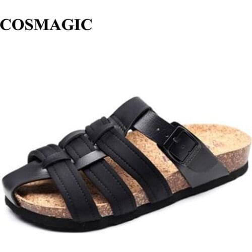 COSMAGIC 2020 Fashion Men Beach Cork Slippers Summer Non-slip Cut-outs Outside EVA Sole PU Leather Slide Shoe High Quality