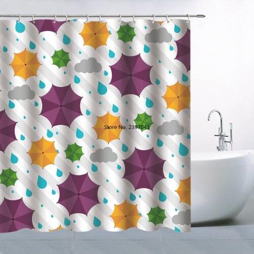Fashion Raindrop Flower Umbrella Purple Yellow Blue Green White Gray Hanging Shower Curtain Waterproof Mildew Polyester Fabric