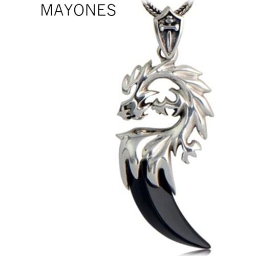 MAYONES 925 Sterling Silver Dragon Pendants For Men Inlaid Black Onyx Natural Stone Tooth Shaped Vintage Style