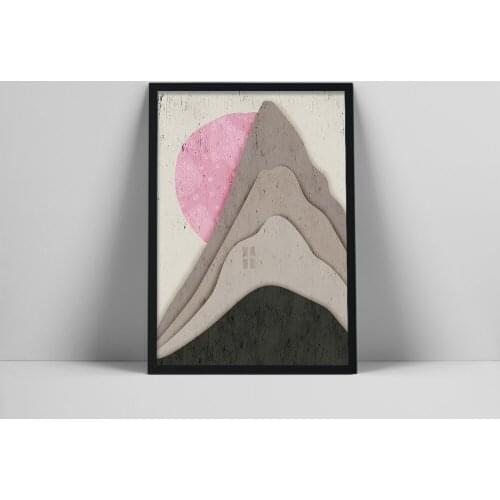 Pink Sun Wall Art, Gray Mountain Poster, Landscape Minimalist, Absract Collage, Contemporary Artwork, Scandinavian style, Liecor