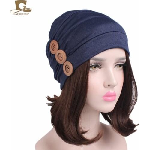 New Women Stretchy Beanie Cap Three Wood Button Chemo Cap For Hair Loss Sleep Turban Ladies Bandannas