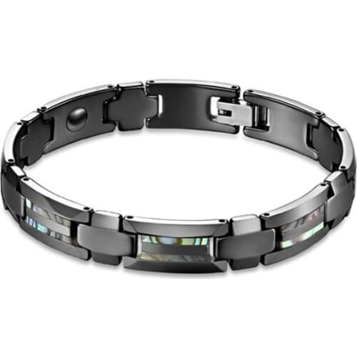 Wholesale Tungsten Steel Ceramic Jewellery Germanium Inlaid Wood Nature Shell Link Bracelet for Men and Women