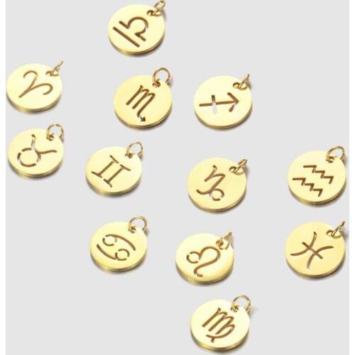 JUJIE Stainless Steel 12 Constellations DIY Accessories Wholesale 2021 Charms Round Hollow Zodiac Pendant Jewelry Dropshipping
