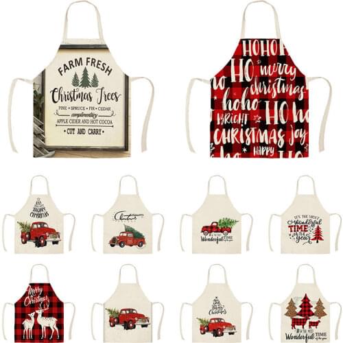 Merry Christmas Car Tree Red Plaid Kitchen Aprons for Woman Man Home Cooking Baking Shop Cleaning Cotton Linen Apron WQi856