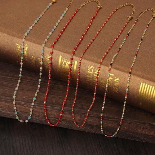 Vintage Handmade Colorful Beads Chain Necklaces For Women Stainless Steel Link Clavicle Choker Necklaces Bohemian Jewelry Gift