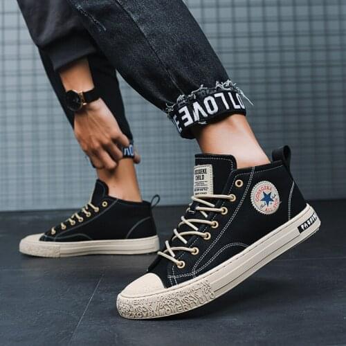 ZEEKSON Young Mens High Top Casual Canvas Shoes Winter New Style Mens Korean Leather Warm Cotton Shoes Lace Up Cloth Shoes