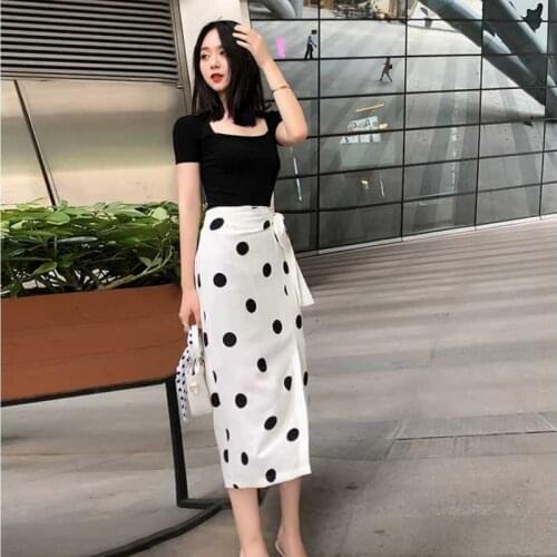 High Elastic Waist Black Polka Dot Chiffon Print Fringe High Slit Skirt Female Fashion Trend Vintage Spring and Summer Skirts
