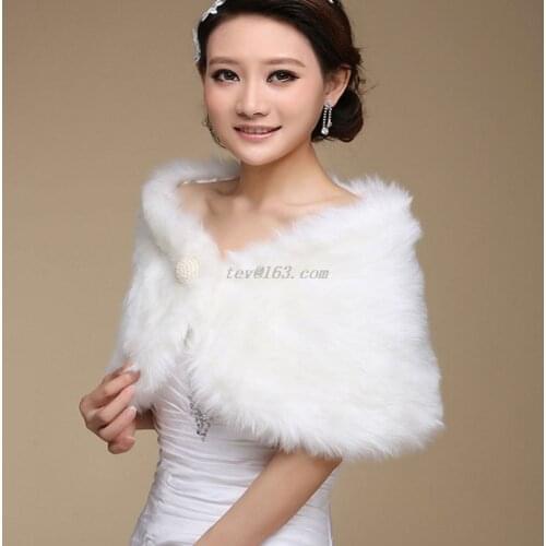 Womens White Faux Fur Bridal Wrap Stole Shawl Cape Wedding Artificial Pearl Ball Embellishment Winter Coat Shrug