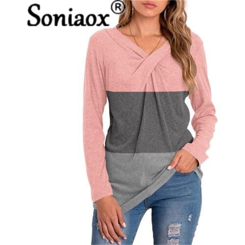 Women Casual Long Sleeve Splice Folds Loose T-Shirt Elegant Color Block Fashion Tops 2021 New Casual V-Neck Irregular Pullovers