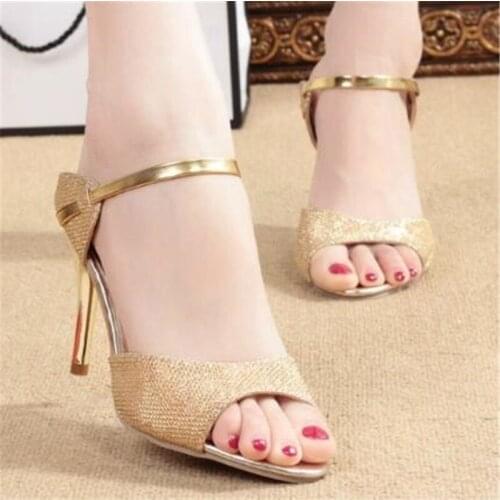 Women sandals PU Slip On 9CM Thin Heels High heels Peep Toe Shallow women shoes sandalias mujer 2020 size 35-42 Golden Silver