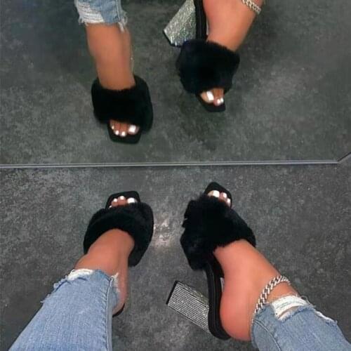 2021 summer women new high-heeled rhinestone single layer plush plus size all-match sandals outdoor banquet fashion slippers