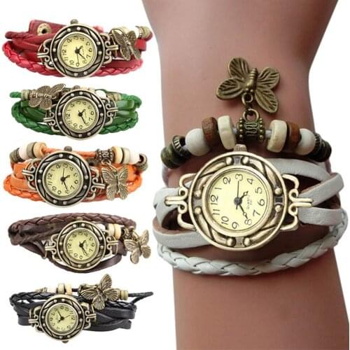 Women Retro Bracelet Wrist Watch Weave Wrap Faux Leather Butterfly Beads Pendant Chain d88