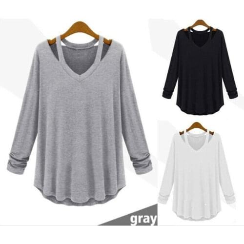 Women Cold Shoulder V Neck Sexy Tops Undershirts Ladies Cut Out T-Shirt Sweater