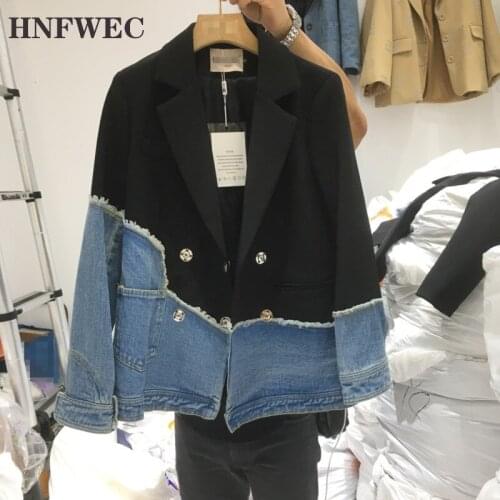 Matching Women Blazer Denim Color Patchwork Suit Blazer Woman Vintage Casual Asymmetry Women Blazers Jackets 2020 V486