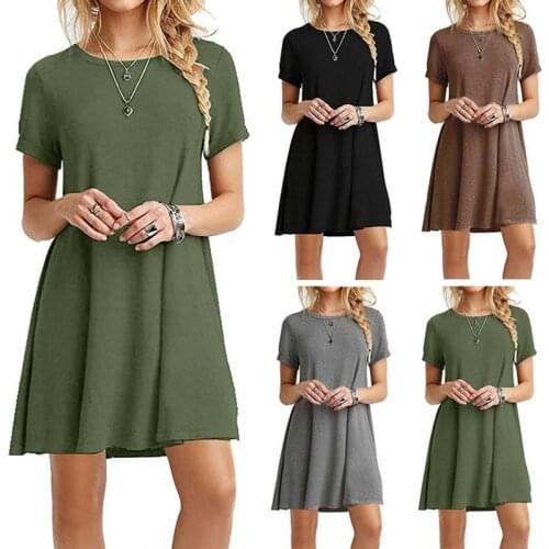 New Summer Womens Short Sleeve S-2XL Solid Color Dress Round Neck Short Sleeve Loose Slim Commuter Casual