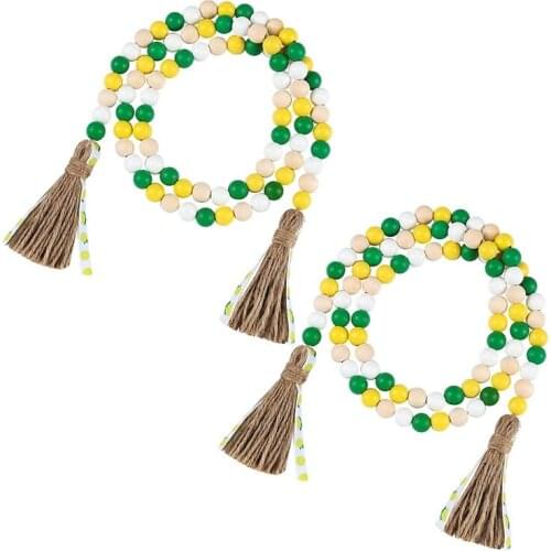 2 Pieces Lemon Wood Bead Garlands with Tassels Farmhouse Rustic Country Boho Bead Garlands for Tiered Tray Decor-ABUX