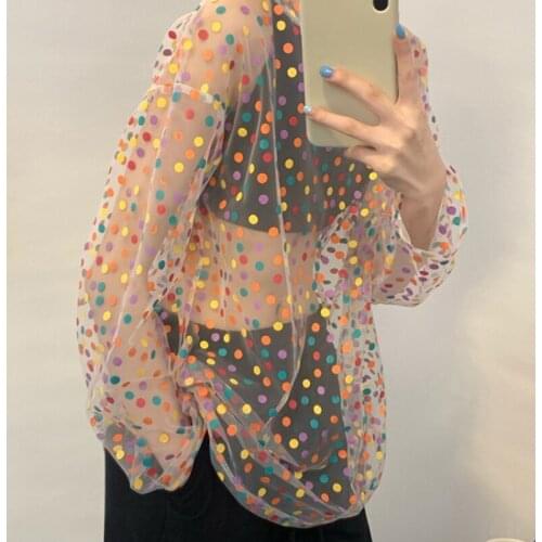 2021 Color Polka Dots Sexy Kawaii Tshirt Little Fairy Tops See-through Mesh Women Blouse Harajuku Vintage T-shirt Summer Choths