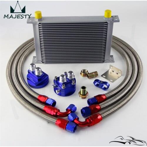 25 Row AN10 Universal Engine Transmission Oil Cooler British Type + Filter Adapter Kit Blue