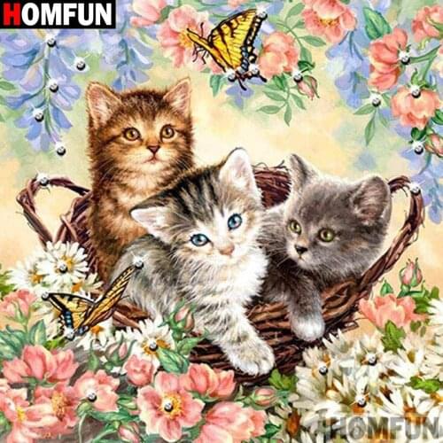HOMFUN Full Drill Diamond Painting "Cat flower animal" DIY Picture Of Rhinestone 5D Diamond Embroidery Cross Stitch Decor A30192