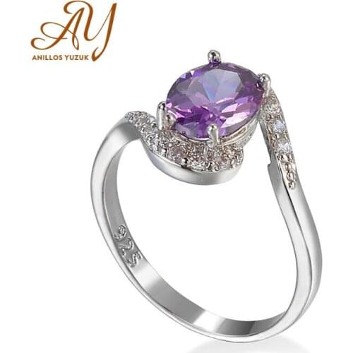 Anillos Yuzuk Simple 925 Silver Ring With Oval Amthyst Gemstone Wedding Engagement Ring Finger Jewelry Size 6 7 8 9 10