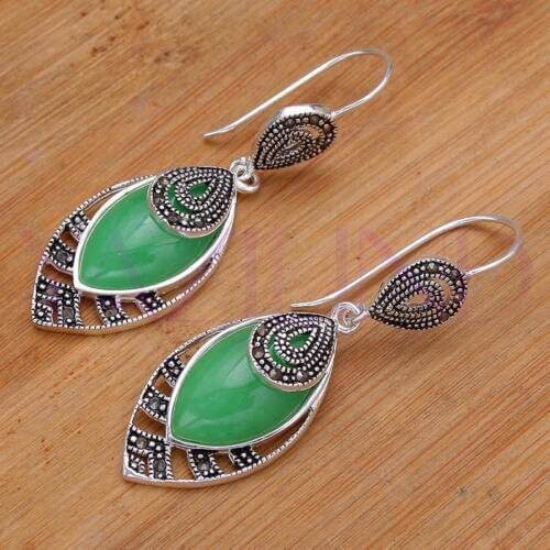 FREE SHIPPING whosale new vintage green stone silver plated hook women earrings
