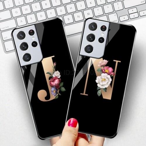 Alphabet Letter Case For Samsung Galaxy S21 Case Glass Hard Cover On Samsung S21 FE Ultra S21 Plus Tempered Glass Luxury Coque