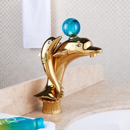 Dolphin Bathroom Basin Faucet Brushed Chrome/Gold Solid Brass Unique Design Sink Mixer Tap Hot and Cold Waterfall Basin Faucets