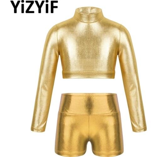Kids Girls Dance Costume Set Glossy Metallic Long Sleeves Dance Crop Top With High Waist Sports Shorts Gymnastics Dancewear